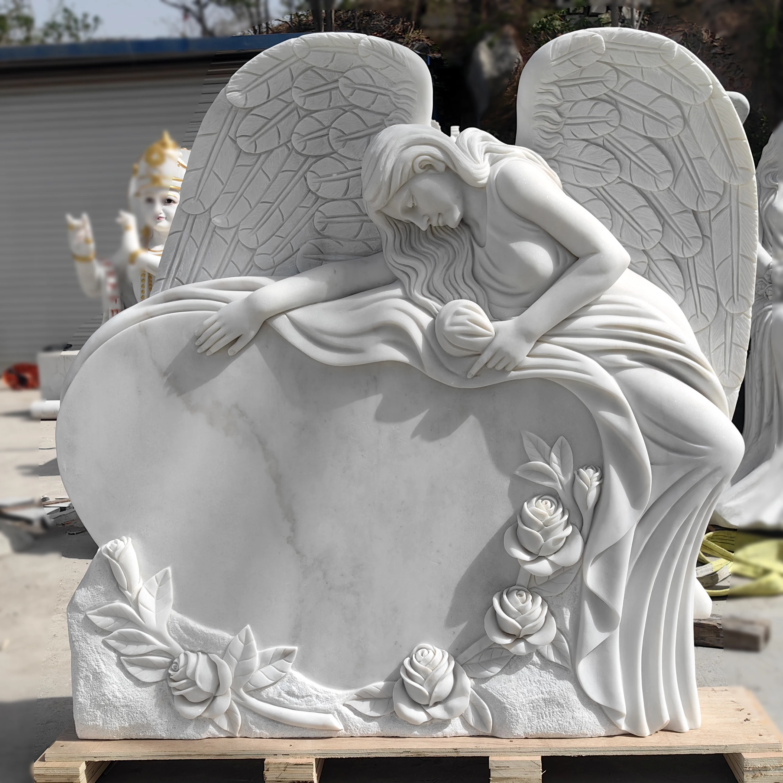 Customized Cemetery White Marble Hand Carved Angel Statue Tombstone For Sale