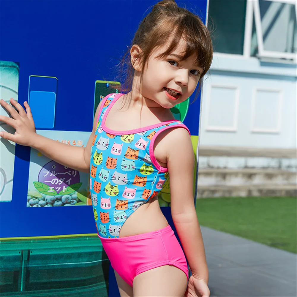 Kids swimwear cartoon cat cute print girls swimsuit kawaii one piece beachwear bathing suit high cut monokini for children