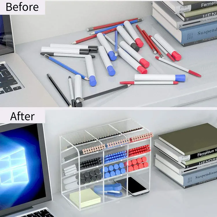Custom Multi-Functional Clear Desktop Stationary Organizer Storage Rack Acrylic Desk Organizer