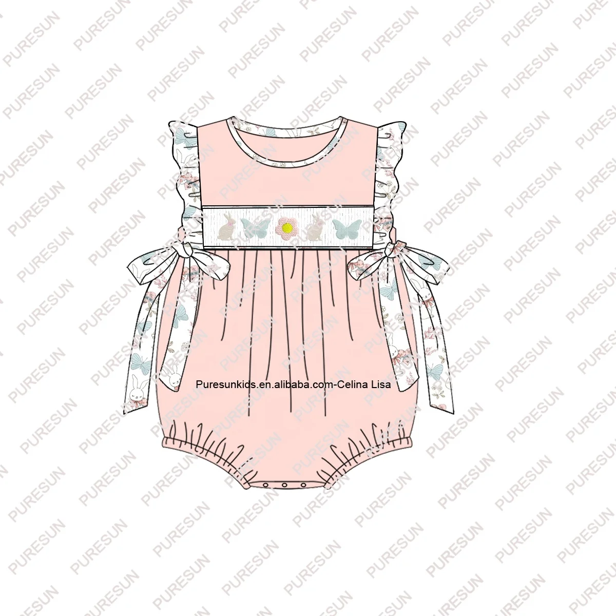 Custom holiday costume smocked children clothing sleeveless baby girl bubble with bow bunny embroidery newborn baby girls romper