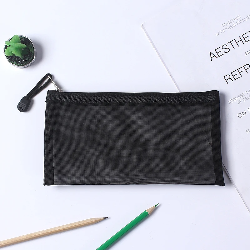 Durable Transparent Nylon Mesh Zipper Pouch Pencil Case Portable Zipper File Bag Stationery Plastic Document Bag Office School