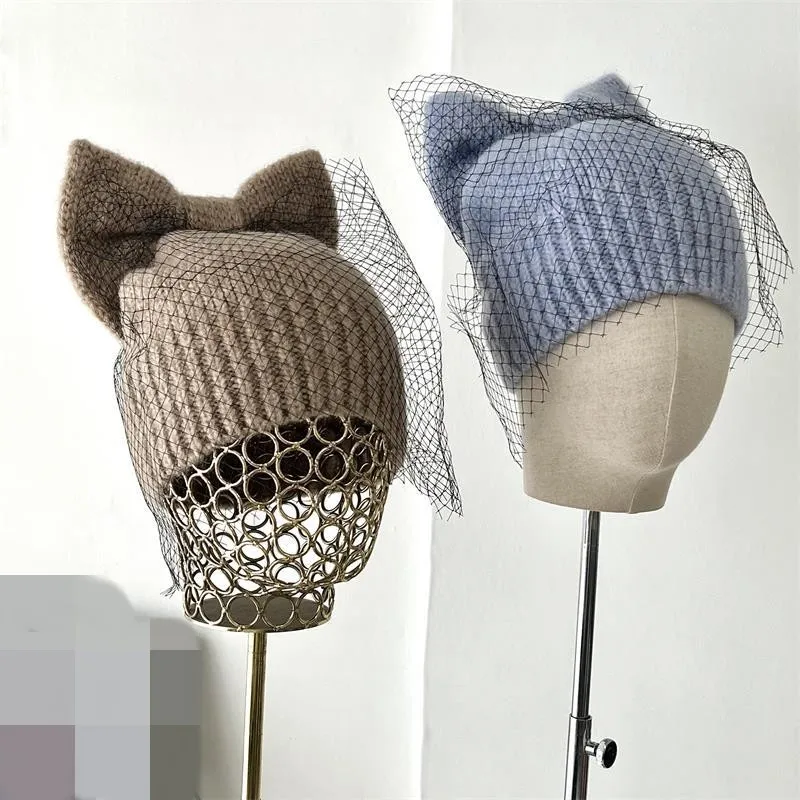 hot sell new fashion womans beanie winter hats Chunky Stretch Knitted Beanie Hat Skull Thick Ski hat with bowknot & mesh veil