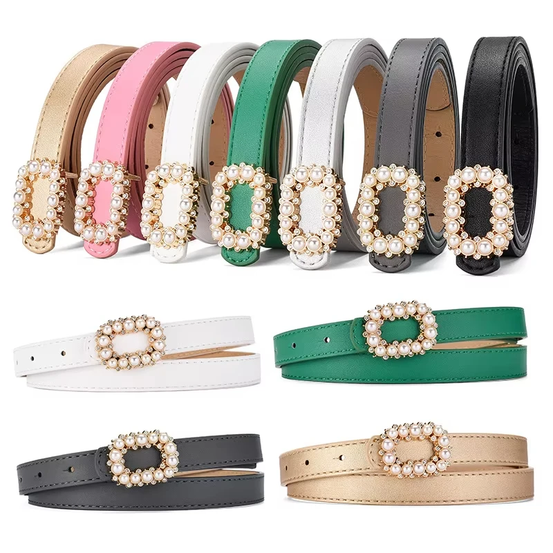 New Personalized Women Fashion Accessories Rectangle Shaped Pearl Embellished Buckle Fashion Ladies Dress Skirt Jeans Long Belts