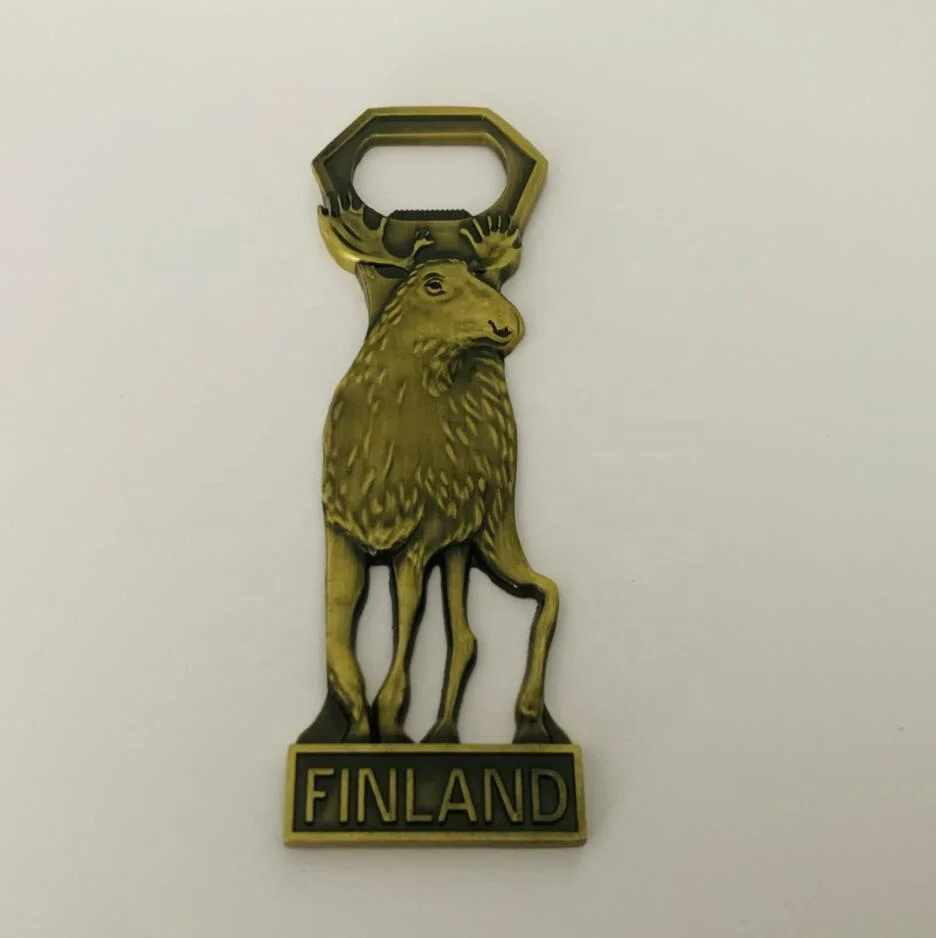 Free mold Finland metal reindeer shape fridge magnet wholesale cheap metal beer bottle opener