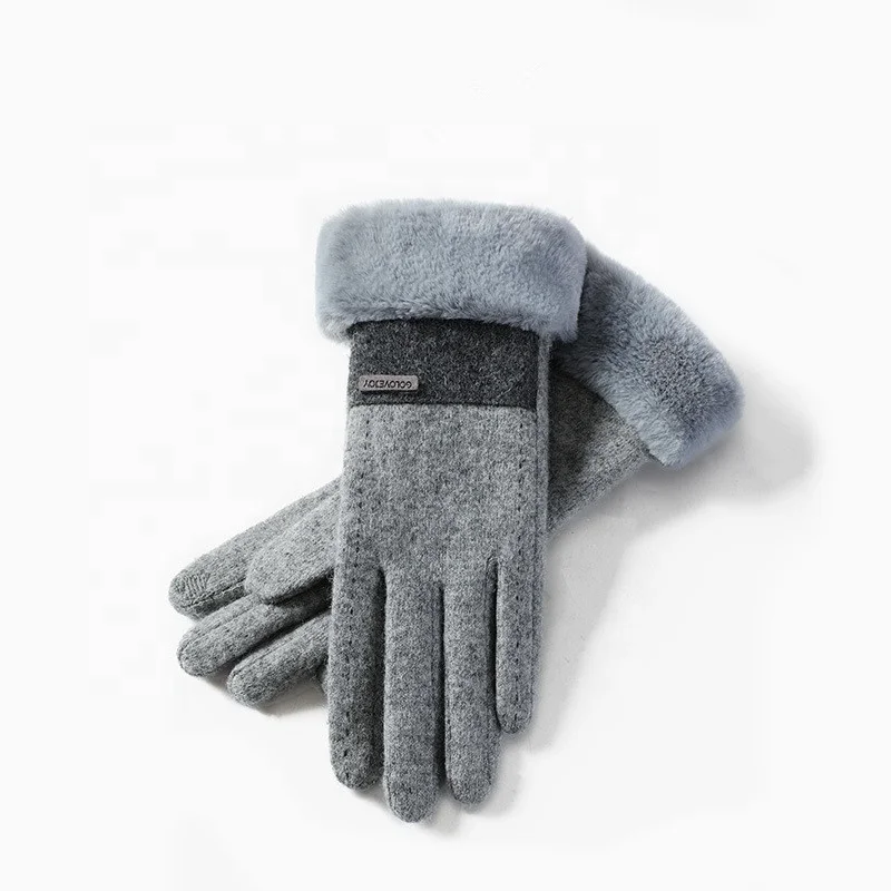 Winter wool gloves for women touch screen plus velvet, windproof and cold-proof plush warm cashmere gloves