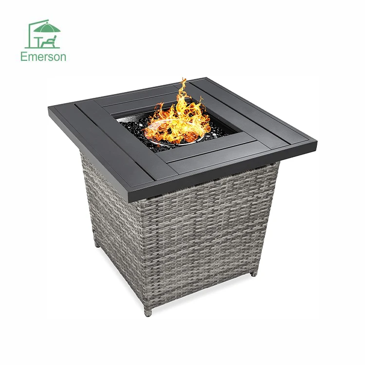 Hot Selling Outdoor Patio Gas Fire Pit Table Wicker Rattan Tabletop Fire Pit With Clear Glass Rocks