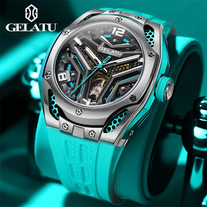 GELATU 6007 2024 Automatic Mechanical Watch for Men 53mm Big Dial Wristwatch Skeleton Tourbillon Man Waterproof Watch Reloj