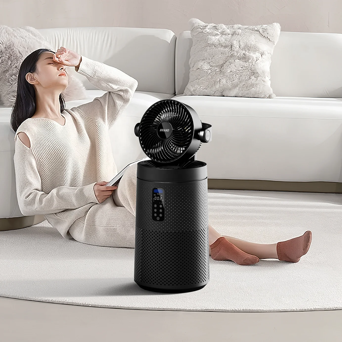 OEM custom smart wifi control 400 CADR other ventilation 2 in 1 air purifier pedestal home led storage circulating fan
