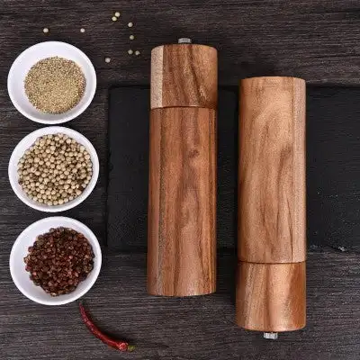 Kitchen 6 inches 8 inches wooden salt box mill grinder set salt and pepper shaker set acacia wood spice salt pepper mill grinder