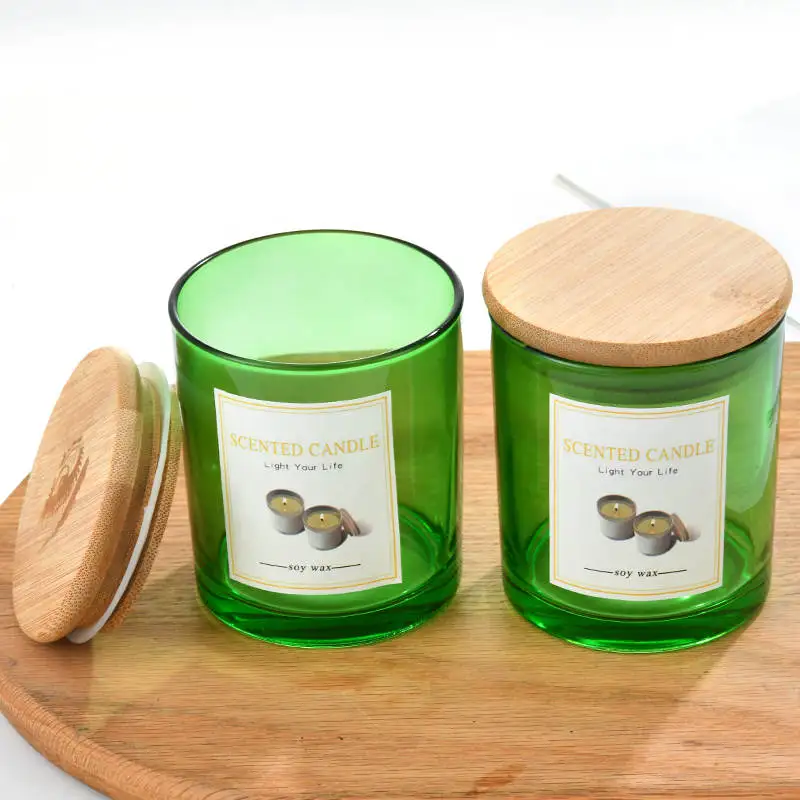 8oz 10oz 14oz 300ml Wholesale Color Customized Empty Shiny Green Glass Candle Jar with wooden lid