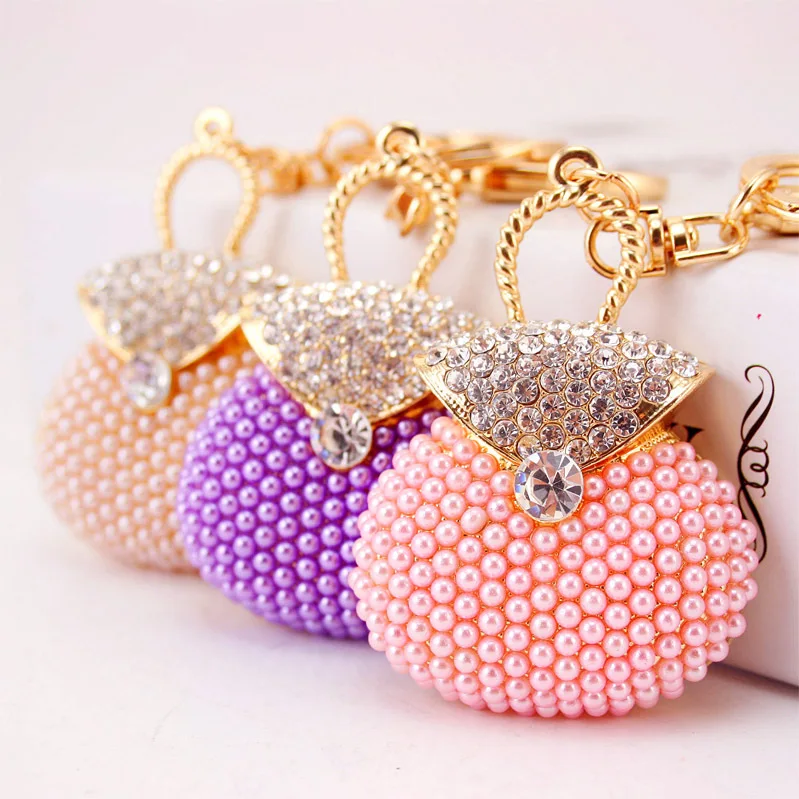 Hot-selling Fashion Rhinestone Pearl Bag Keyring Pearl Handbag Keychain for Ladies (KC076C)