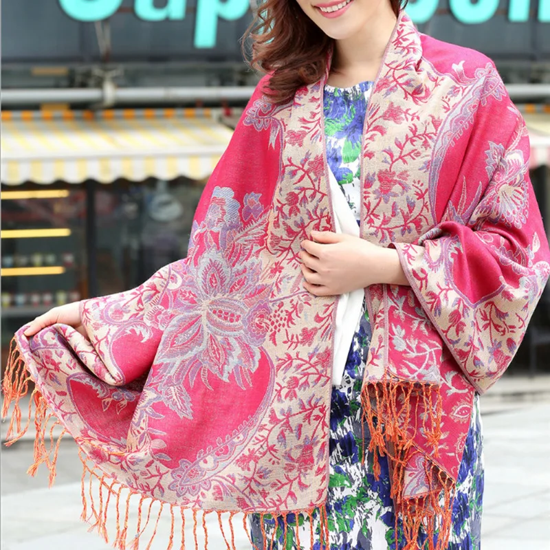 Pashmina Silk Scarf Shawl Wrap Paisley Jacquard Flowers Borders Rave 2 Layers Reversible Classic Tassels For Women