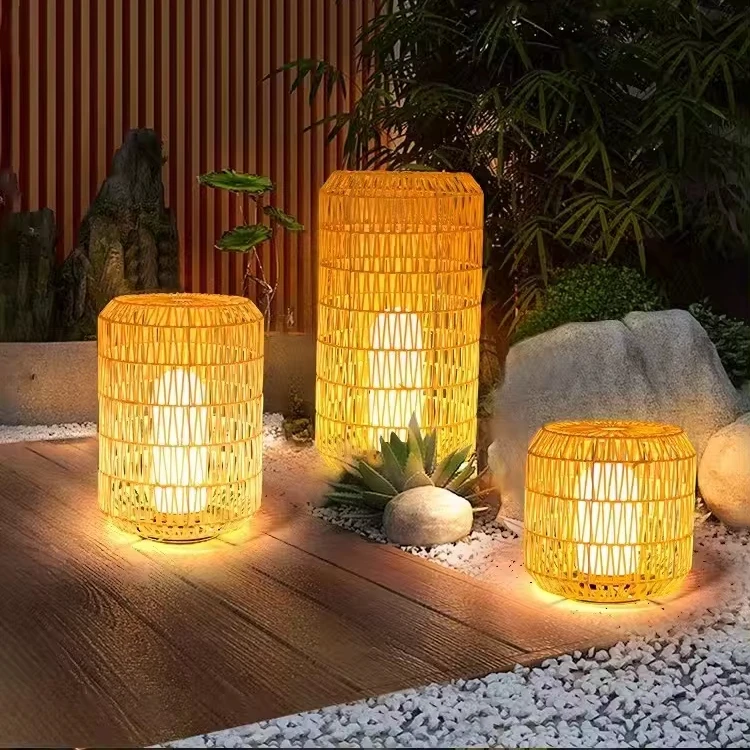 LED Hand-woven Hand Made Modern Garden Floor Lamp Wicker Shade Waterproof Glass Outdoor Rattan Floor Lamps