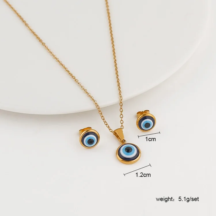 18k gold plated stainless steel tarnish free waterproof evil eye necklace earrings set jewelry for women