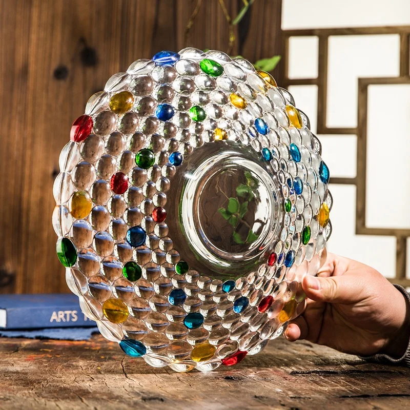 Vintage Hand Painted Crystal Glass Plate Luxurious Embossed Rainbow Fruit Dessert Plate