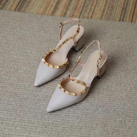 Hot-Selling New Trendy Straps Rivets Pointed Toe square root Leather sandals Sliders for Women and ladies new styles