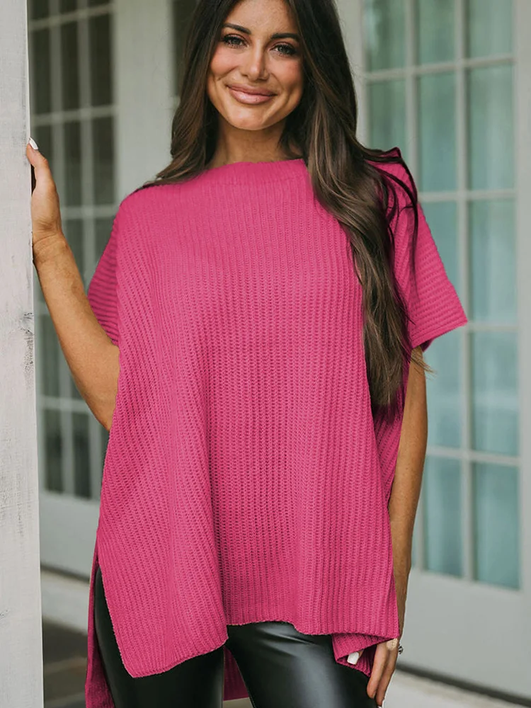 Women Fashion Apricot Short Sleeve Side Slit Oversized Sweater