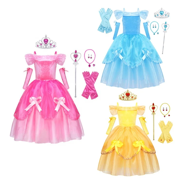 Girls Princess Belle Dressing up Costume Beauty and Beast Fancy Dress Kids Drop Shoulder Halloween Carnival Birthday Gowns