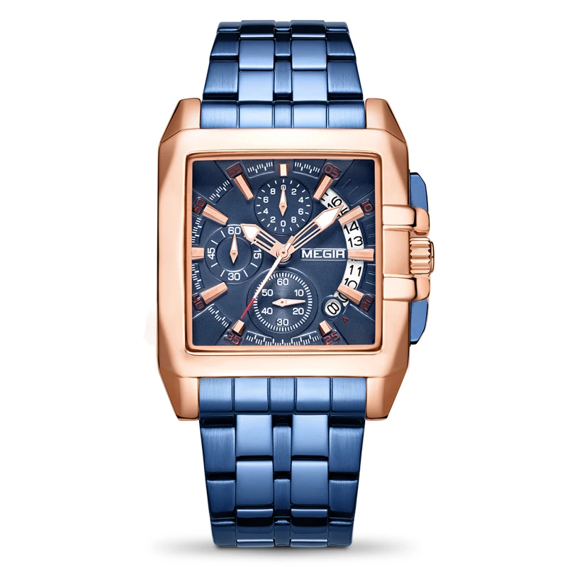 New MEGIR 2018 Fashion wristwatch Blue Stainless Steel strap luxury quartz watch for men wholesale custom watches