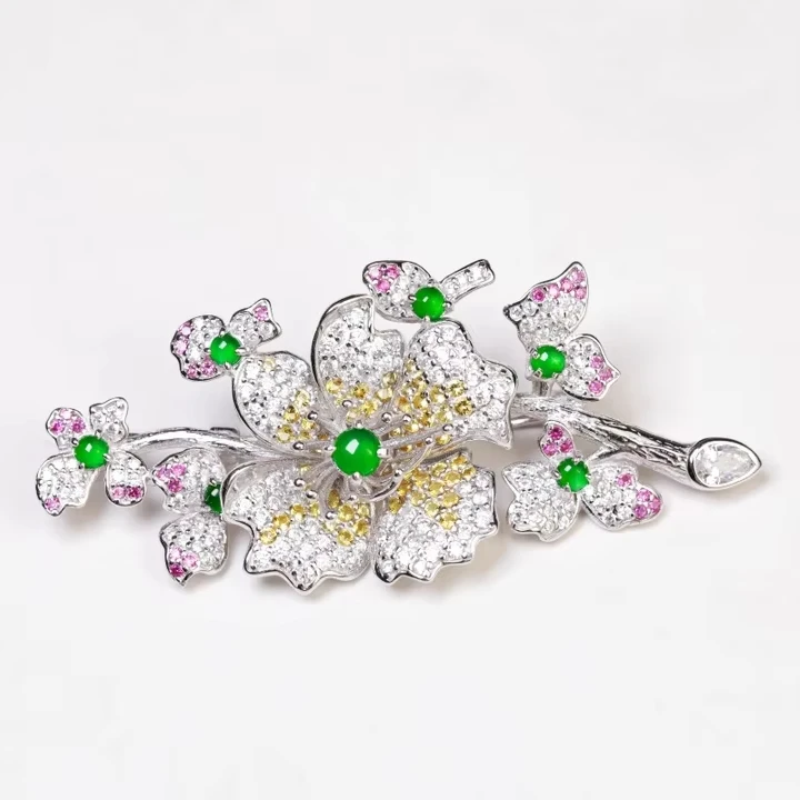 Customize Designer Luxury Jewelry Brooches For Women Zircon Inlay 925 Sterling Silver Jade Flower Brooch