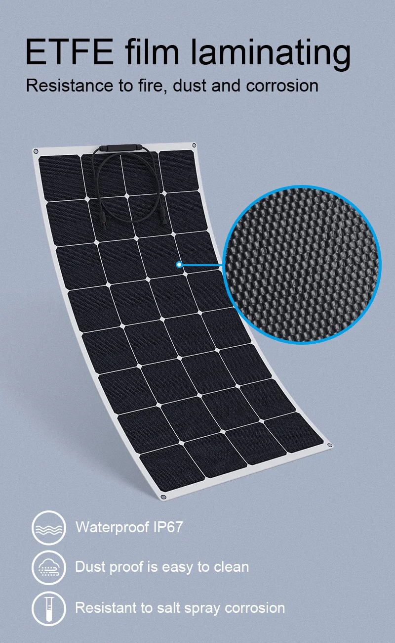 200W 34.2V ETFE Sunpower Cells Adhesive Ultra Thin Semi Flexible Solar Panel