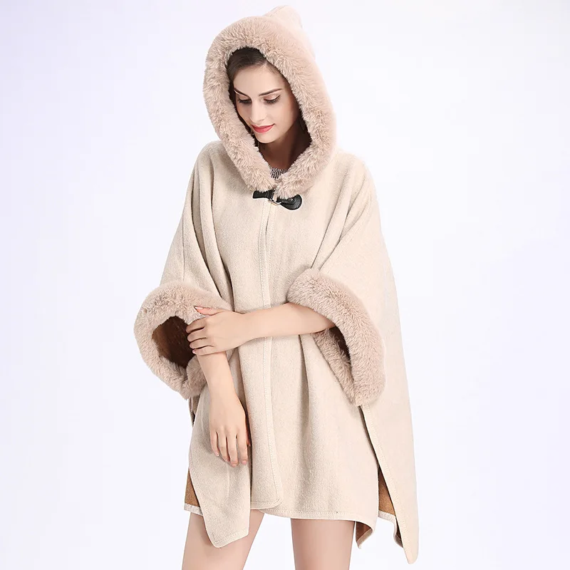 2022 autumn and winter new rabbit fur collar hooded double-sided nylon cardigan shawl cape wrap jacket women