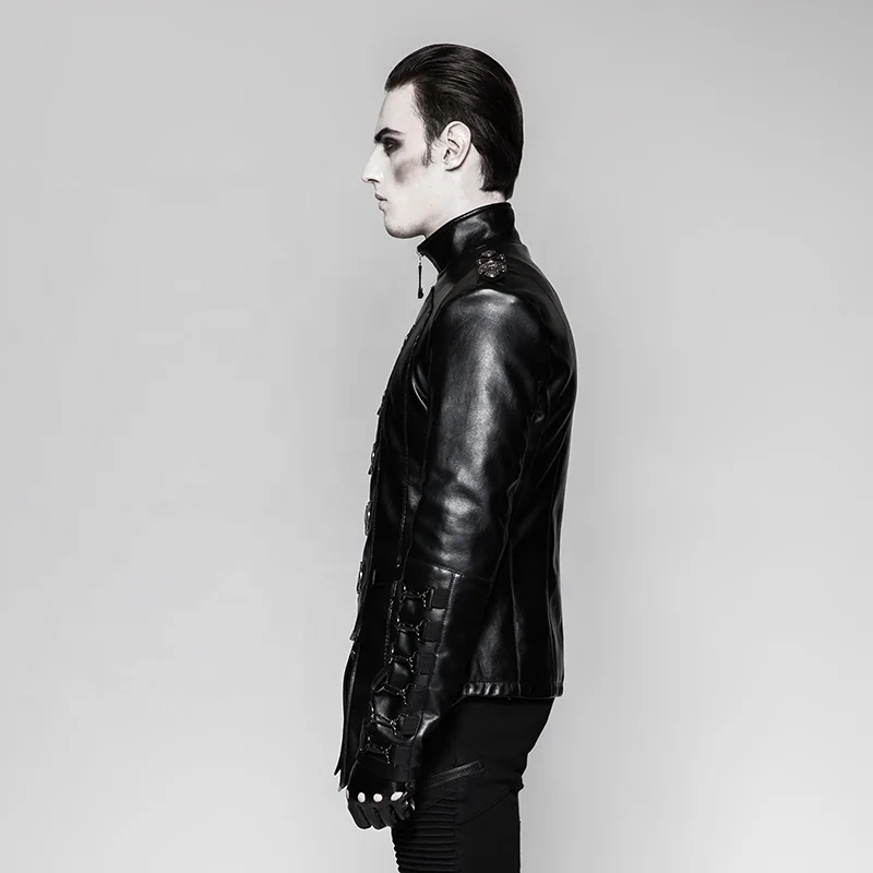 PUNK RAVE Y-746  Bright PU Stand Collar Metallic Zipper Up Men Leather Jacket