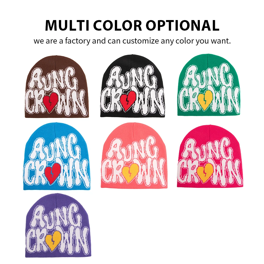 Low MOQ Custom Beanie Manufacturers All Over Print Jacquard Y2K Gothic No Cuff Fold Cuffless Winter Skull Cap Knit Hat with Logo