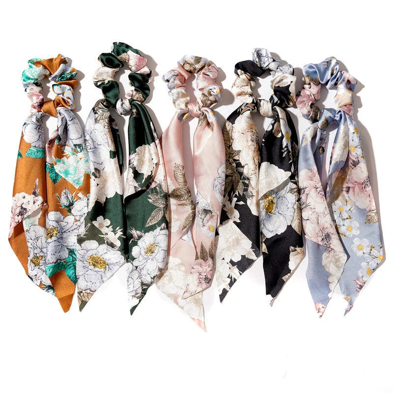 Fashion Flower Printed Long Tail Hairscarf Hair Band Women Ladies Large Floral Satin Silk Ponytail Holder Scrunchies Accessories