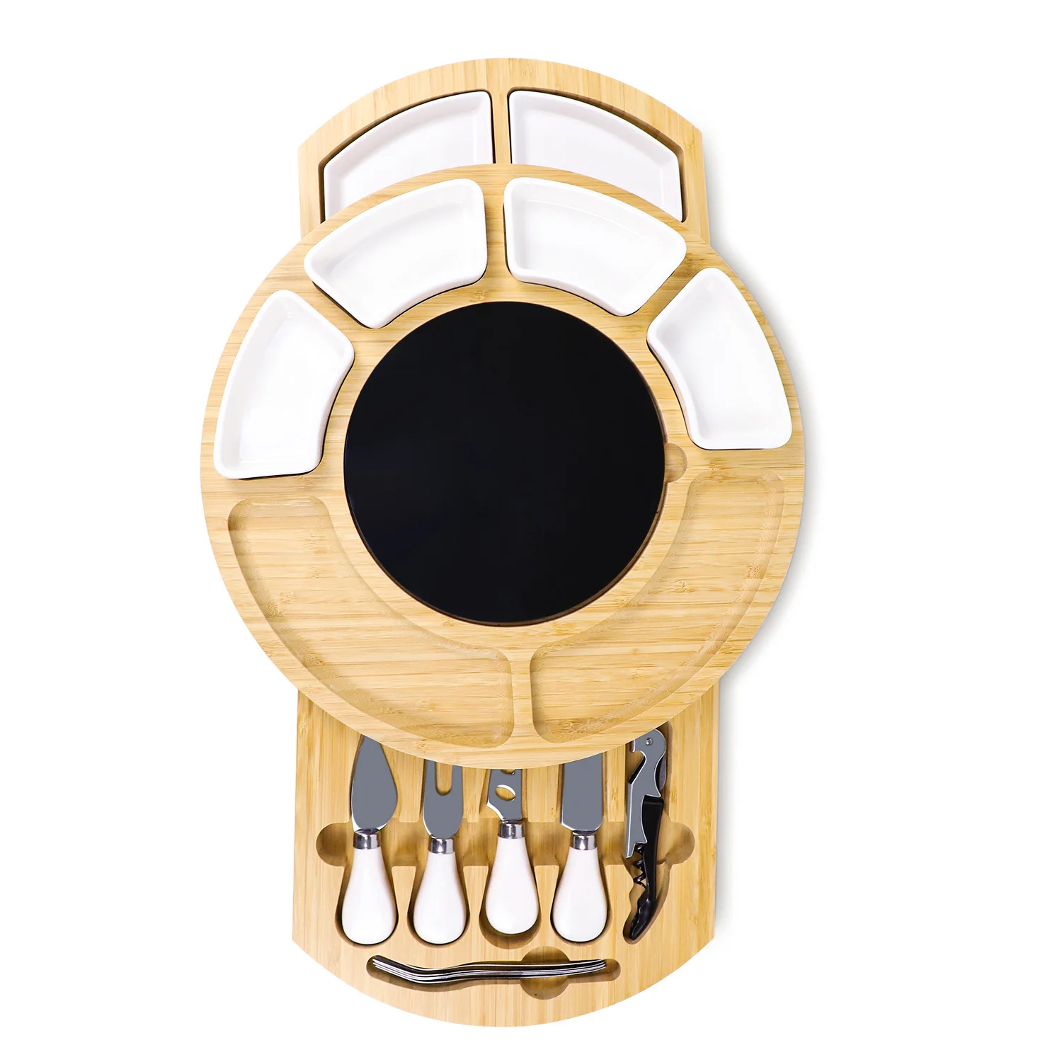 GL Unique Design Expandable  Bamboo Cheese Charcuterie Board With Fruit Cheese Plates Trays And Knife Set