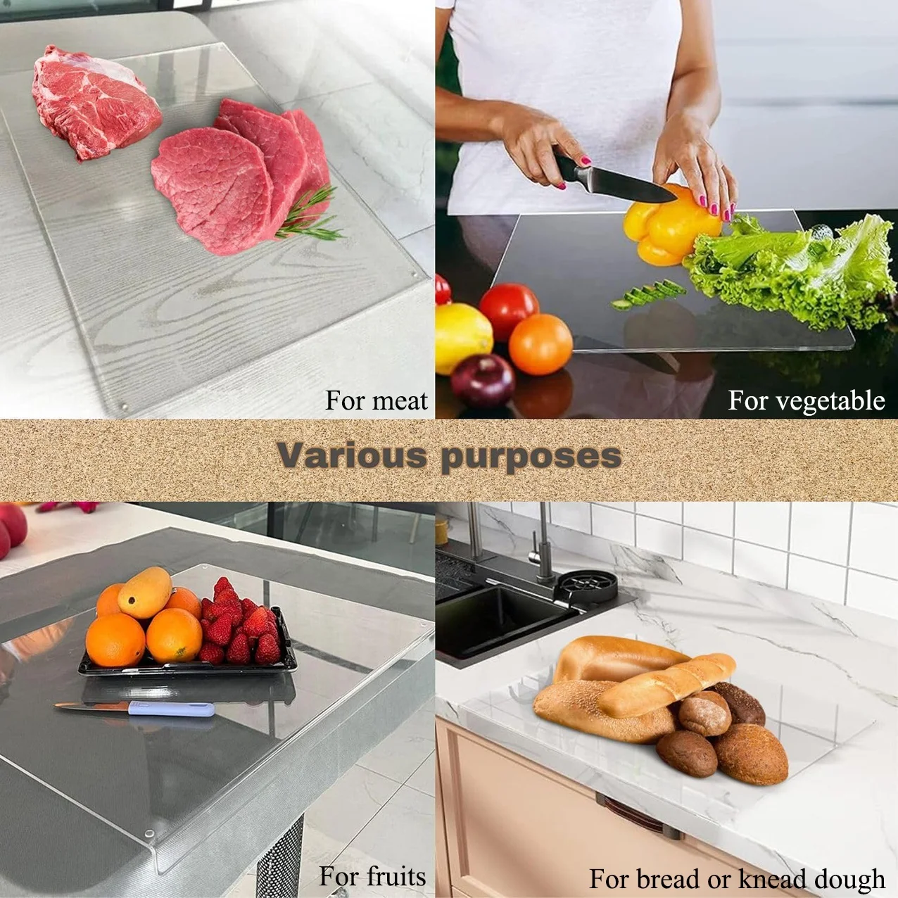Food safe Anti-Slip Transparent Acrylic Cutting Board with lip chopping board for Kitchen Countertop