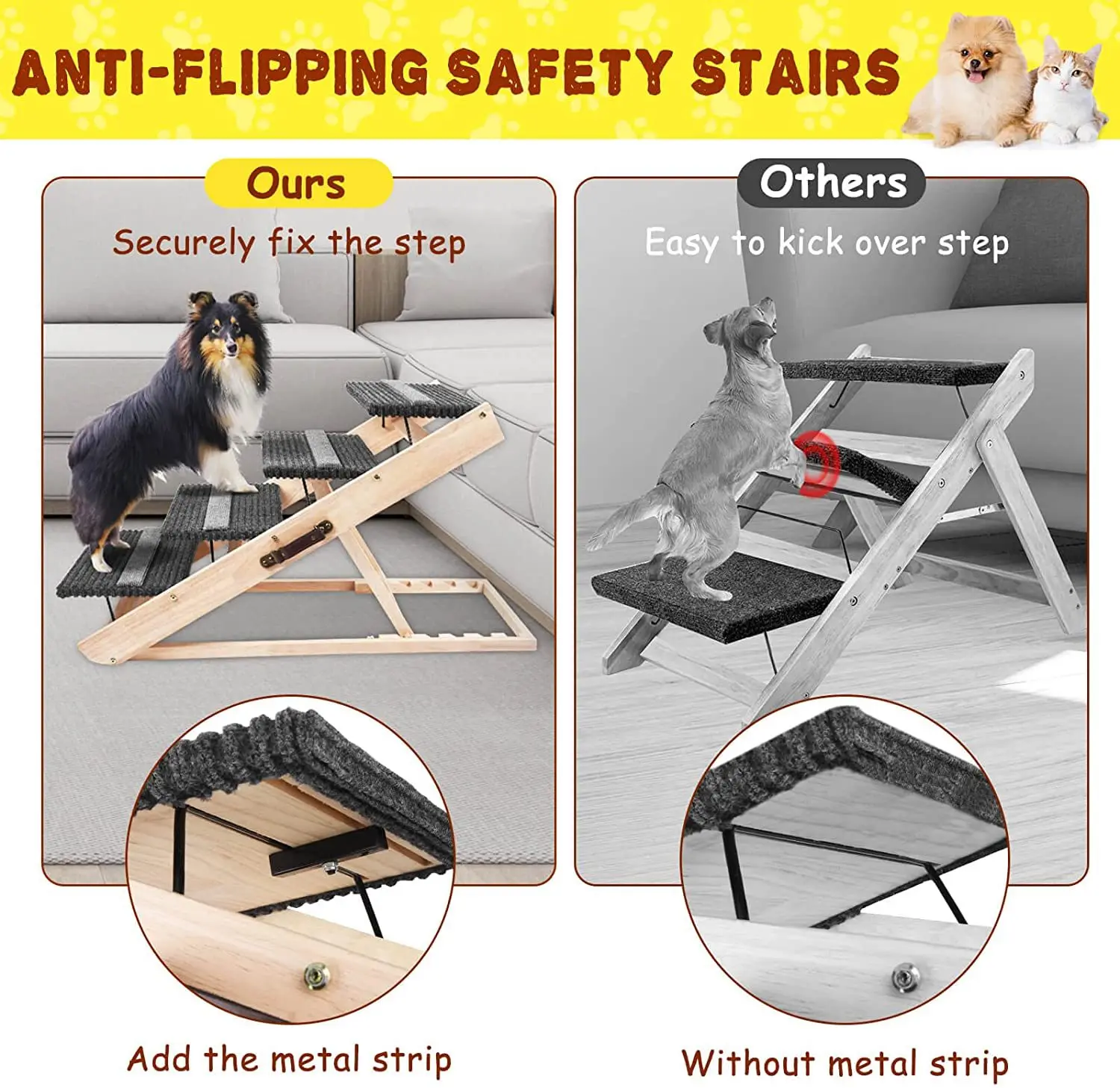 Indoor Pet Ramp Couch Wooden Folding Pet Stairs Dog Ramp Non Slip Adjustable Portable Pet Small Dog Ramps Climbing Ladder