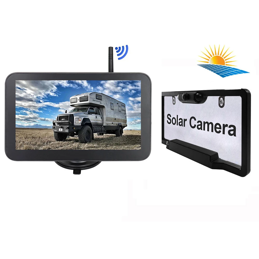 7 inch IPS  License Plate Solar Energy Wireless Night Vision camera for Bus RV Reverse Camera System