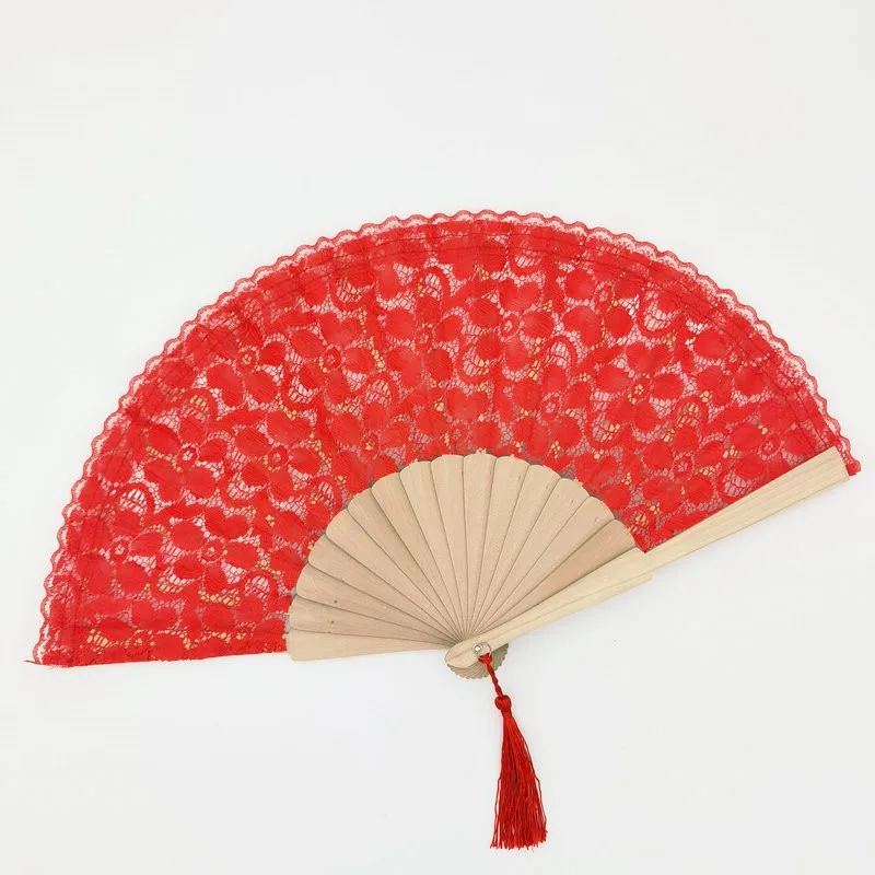 Hot sale Ivory lace wood foldable fan nature wooden art craft painted hand fan for women wedding and dancing