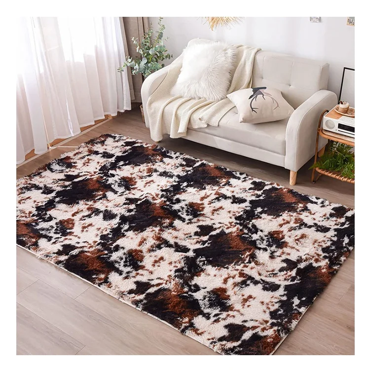 Factory price tie dye Cow brown Floor Plush Shaggy Polyester fluffy Home Non Slip Living Room Rug Carpets