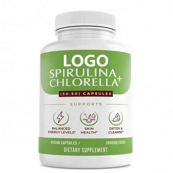 Private Label Organic Spirulina and Cracked Cell Chlorella Chlorophyll Capsules  Super Greens Powder