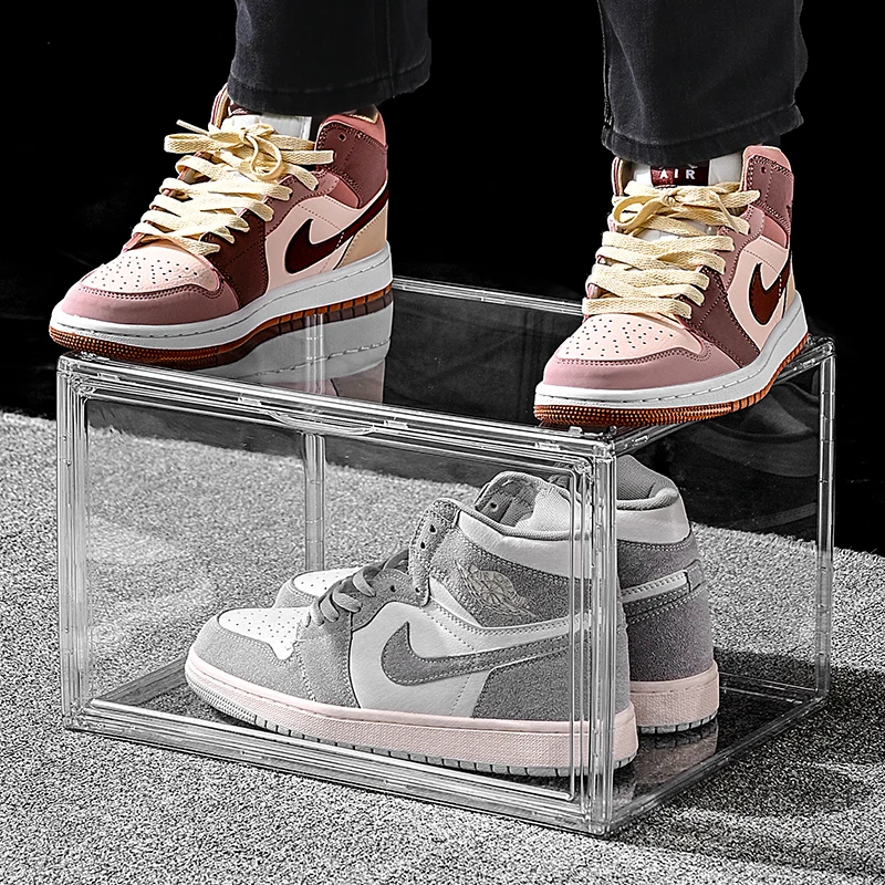 Pet plastic stackable shoe box case side drop large size shoe organizer box with magnetic door Space saving shoe holder