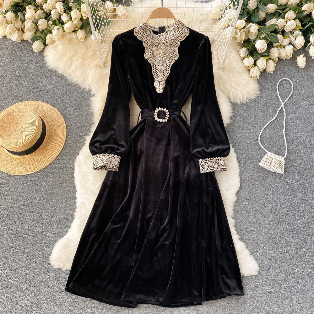 Custom autumn winter long skirt slimming lace embroidery rhinestone stitching black velvet dress silver golden black dress