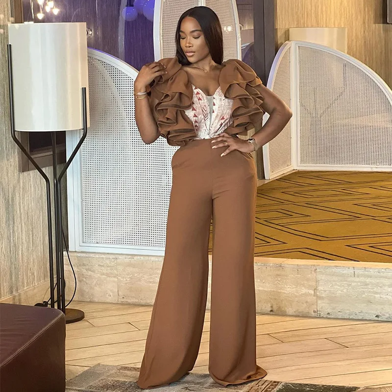 Liu Ming Spring Summer 2024 New Design V Neck Sleeveless Ruffles Casual Loose Wide Leg Rompers Jumpsuits For Women