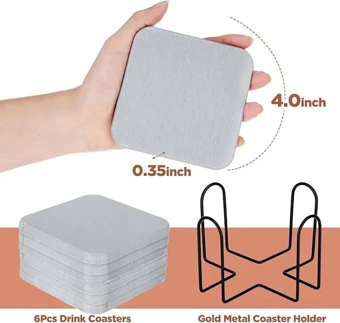 CF DCC07 Set of 6 Pcs Diatomaceous Earth Coasters Absorbent Square Diatomite with Tabletop Holder Mat/Pad for Countertop Decor