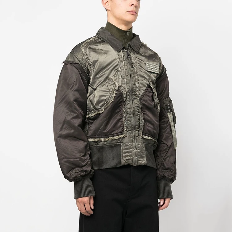 OEM Street Style Frayed Edge Cropped Nylon Jacket Men Pilot Jackets With Patched Logo