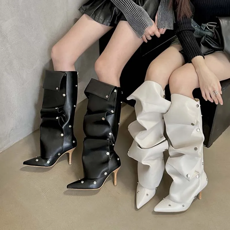 Willow nail buckle stitching two-wear high heel Denim pleated pile boots female personality hot girl fashion boots