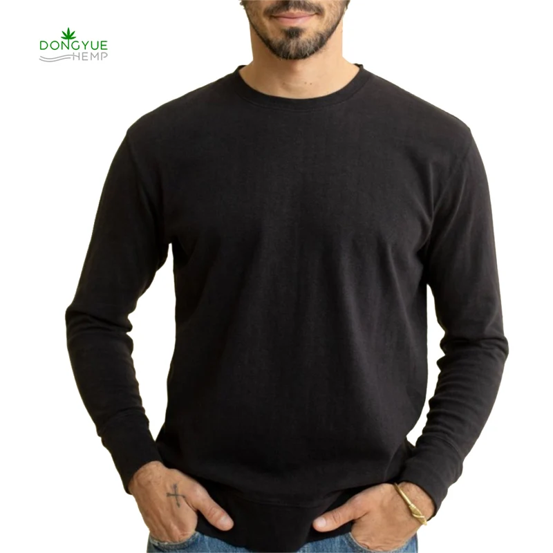 55%hemp 45% organic cotton men t shirts 2021 blank custom plian  hemp long sleeve t shirt hemp clothing