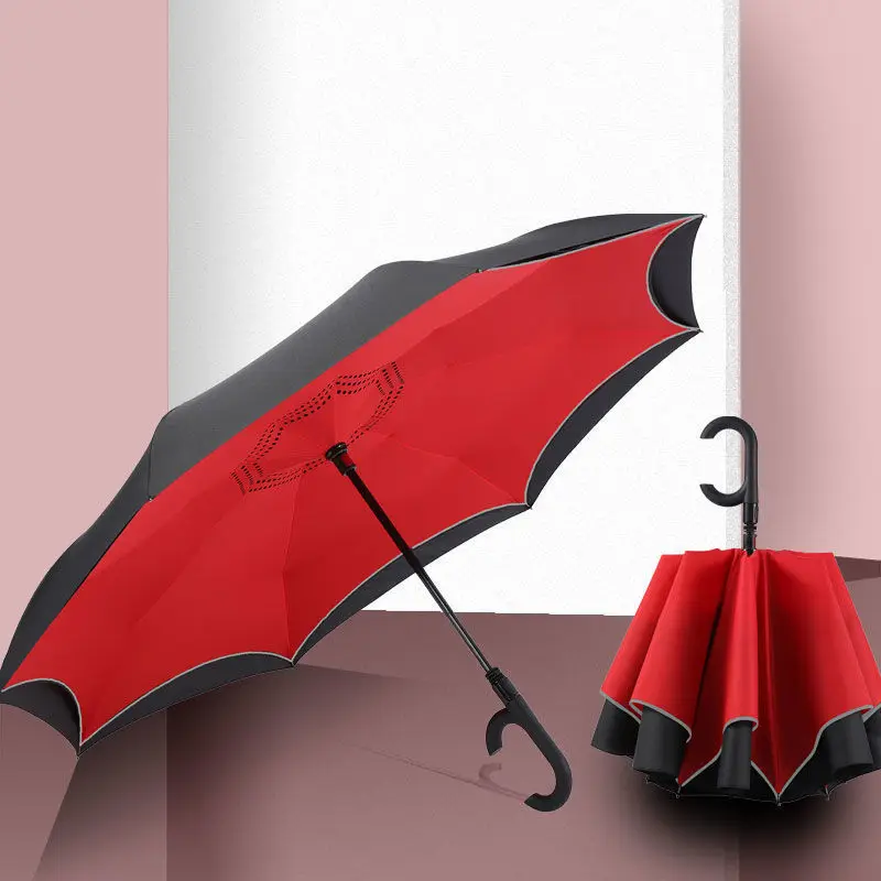 Custom Straight Or 2 Folding Reverse Umbrella With Logo Inverted Auto Umbrella Double Layer With C Handle
