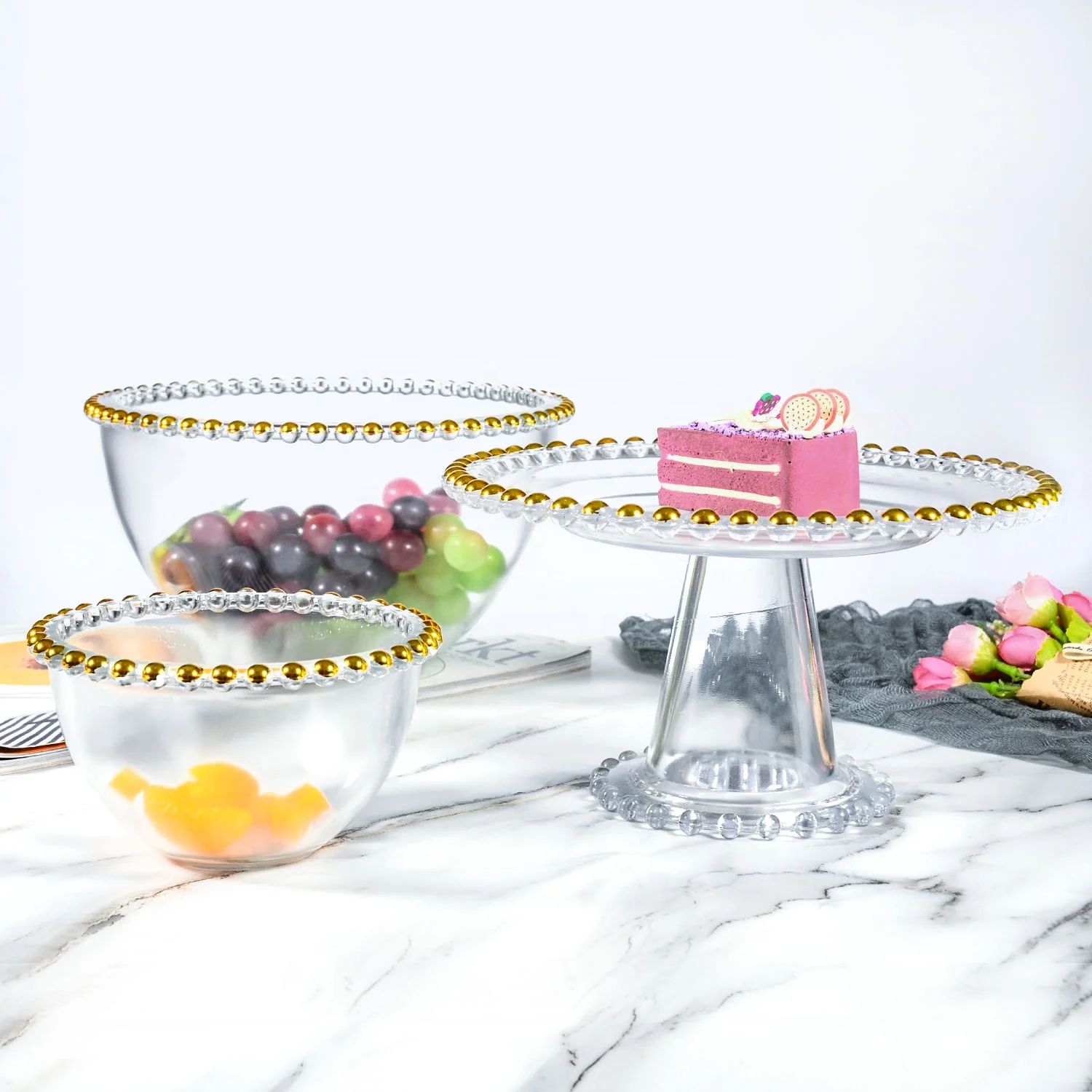 
Hot Sale Cheap Top Quality Party Bowl Glass Cake Plate Glass Beaded Charger Plate Wedding Charger Plate Glass 