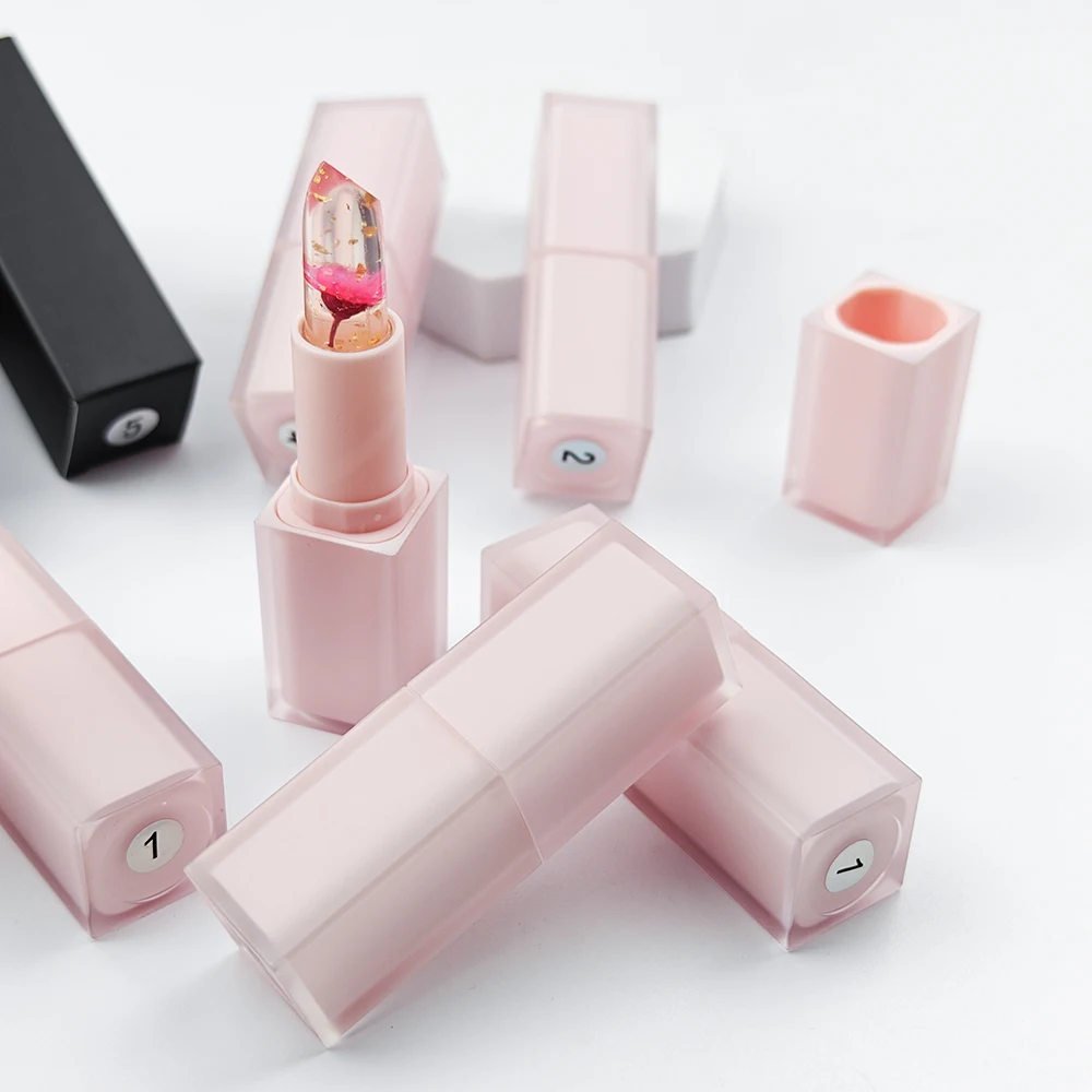 OEM Your Logo Cute Lip Stick with Pink Packaging Tube Luxury Color Changing Lip Balm Clear Crystal Flower Lipstick Lipgloss