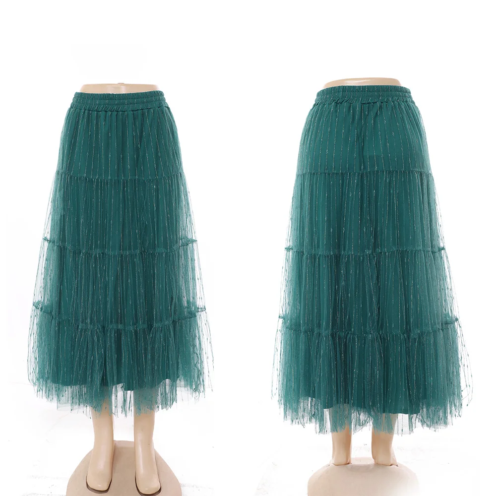 High quality summer irregular skirts Gold thread dot A-line mesh casual ruffle skirt women skirts elegant