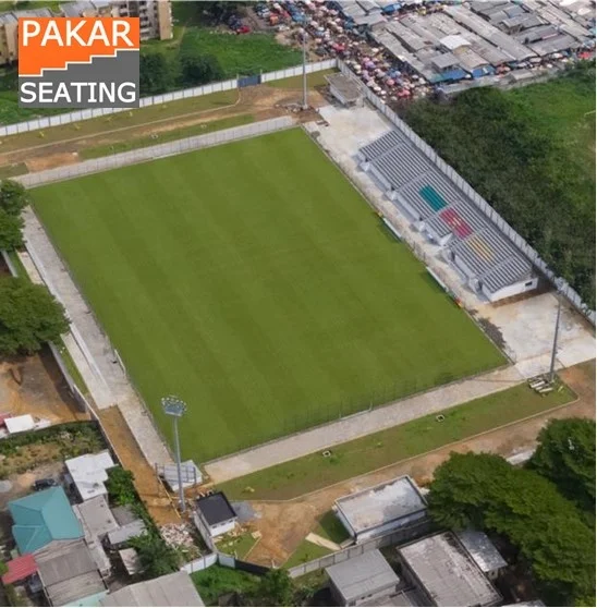 raised temporary bleacher outdoor stadium grandstand tribune with seating chairs metal structure