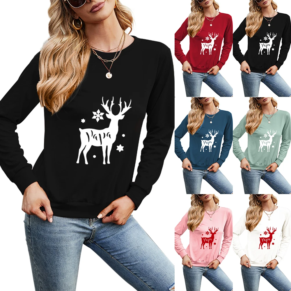 Multicolor Plus Size O-Neck Long Sleeve Christmas Elk Print T-Shirt Christmas Costume