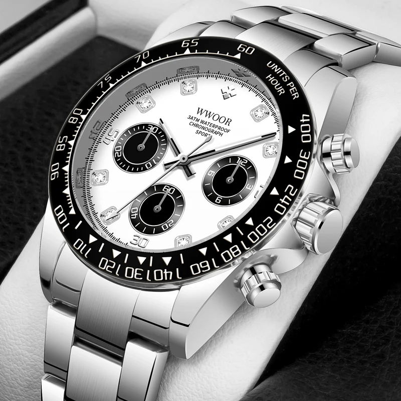 High Quality Brand WWOOR Cat Eye Design Mens Quartz Wristwatches Luxury Luminous Sport Stainless Steel Watches orologio uomo